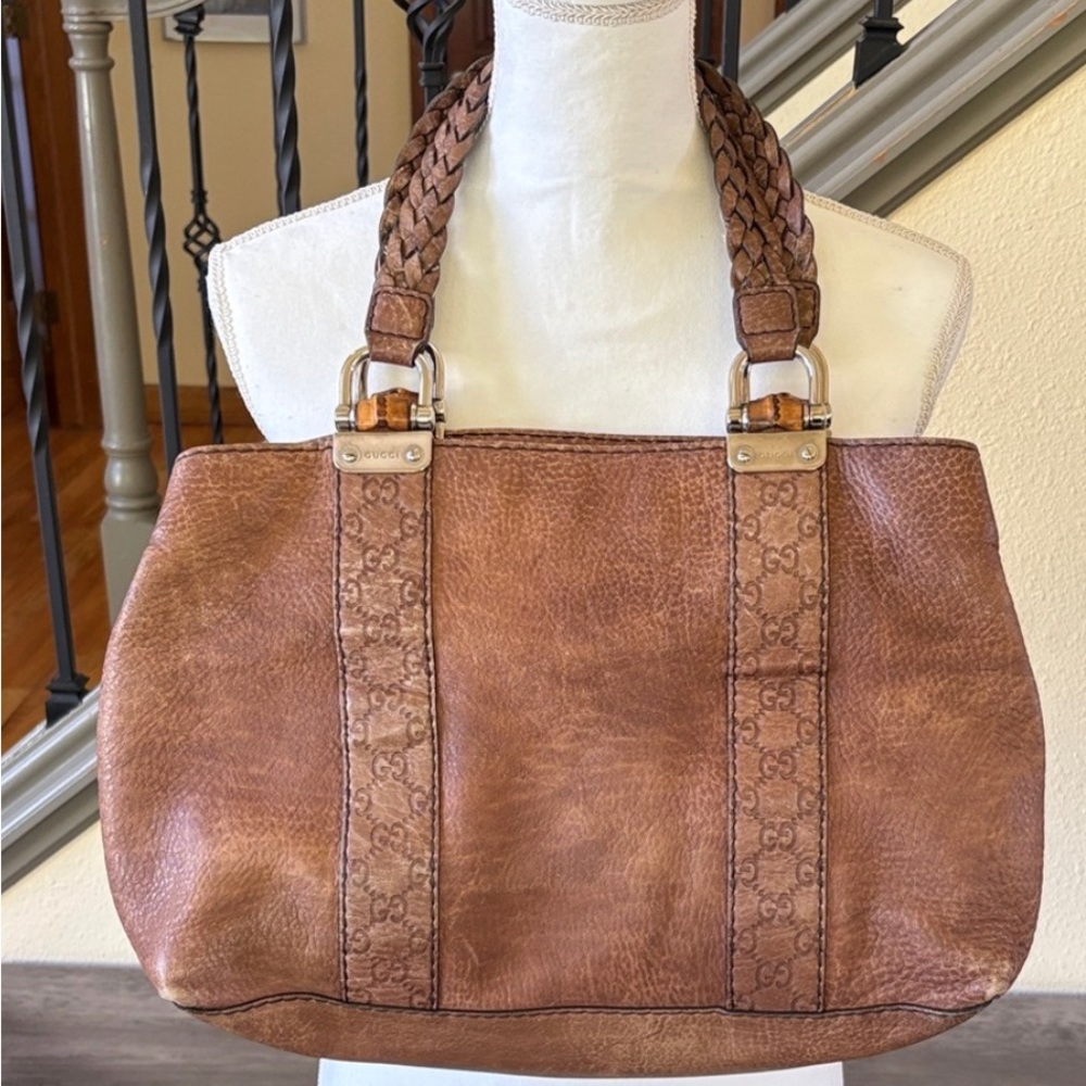 Gucci Brown Leather Shoulder Bag tote with Braided Handles , Authentic , Real